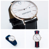 Rose gold minimalist watch with leather straps-Navy and Red canvas Nato straps