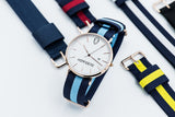 Rose gold minimalist watch with leather straps-Yellow and Blue canvas Nato straps