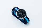 Silver minimalist watch with leather straps-Blue and Black canvas Nato straps