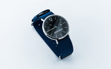Silver minimalist watch with leather straps-Navy and Blue canvas Nato straps