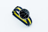 Silver minimalist watch with leather straps-Yellow and Navy canvas Nato straps