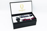Silver minimalist watch with leather straps-Navy and Red canvas Nato straps