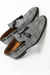 Glen check fabric tassel loafers