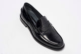 Black patent leather penny loafers