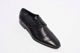 Black leather cap toe derby shoes
