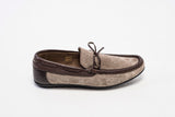 Light brown suede driving moccasins with leather bow