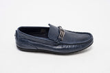 Navy blue leather driving moccasins with buckles