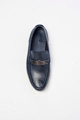 Navy blue leather driving moccasins with buckles