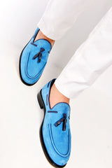 Blue nubuck tassel loafers