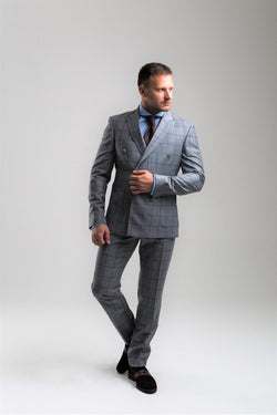 Light Grey Windowpane check Double-breasted Wool Suit