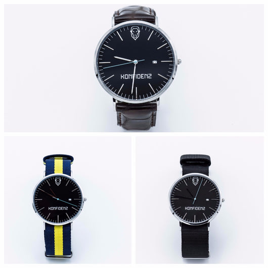 Silver minimalist watch with leather straps-Yellow and Black canvas Nato straps