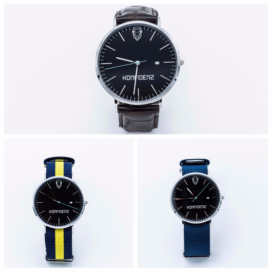 Silver minimalist watch with leather straps-Yellow and Navy canvas Nato straps