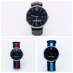 Silver minimalist watch with leather straps-Red and Blue canvas Nato straps