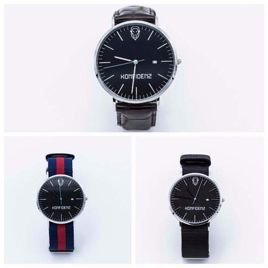 Silver minimalist watch with leather straps-Red and Black canvas Nato straps