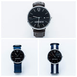 Silver minimalist watch with leather straps-Navy and White canvas Nato straps