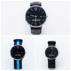 Silver minimalist watch with leather straps-Blue and Black canvas Nato straps