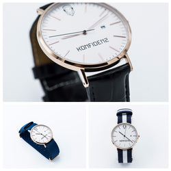 Rose gold minimalist watch with leather straps-Navy and White canvas Nato straps