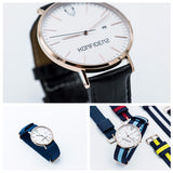 Rose gold minimalist watch with leather straps-Navy and Blue canvas Nato straps