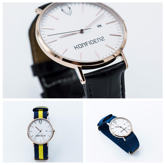 Rose gold minimalist watch with leather straps-Yellow and Navy canvas Nato straps