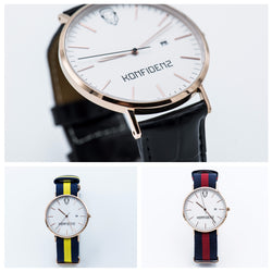 Rose gold minimalist watch with leather straps-Yellow and Red canvas Nato straps