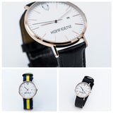 Rose gold minimalist watch with leather straps-Yellow and Black canvas Nato straps
