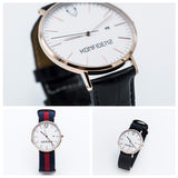 Rose gold minimalist watch with leather straps-Red and Black canvas Nato straps