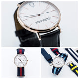 Rose gold minimalist watch with leather straps-Red and Blue canvas Nato straps