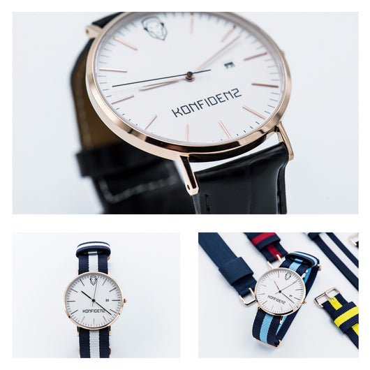 Rose gold minimalist watch with leather straps-White and Blue canvas Nato straps