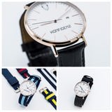 Rose gold minimalist watch with leather straps-Blue and Black canvas Nato straps
