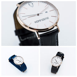 Rose gold minimalist watch with leather straps-Navy and Black canvas Nato straps