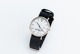 Rose gold minimalist watch with leather straps-Yellow and Black canvas Nato straps