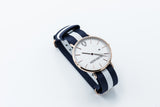 Rose gold minimalist watch with leather straps-Yellow and White canvas Nato straps