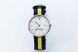 Rose gold minimalist watch with leather straps-Yellow and Navy canvas Nato straps