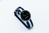 Silver minimalist watch with leather straps-White and Blue canvas Nato straps