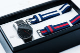 Black mesh strap minimalist watch- Blue and Red canvas straps