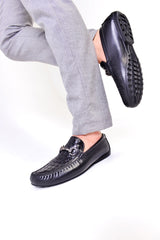 Black braided leather driving moccasins