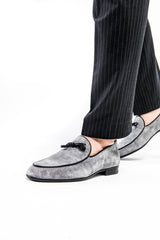 Grey Belgian suede moccasins with leather tassels