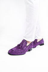 Lilac suede leather tassel loafers
