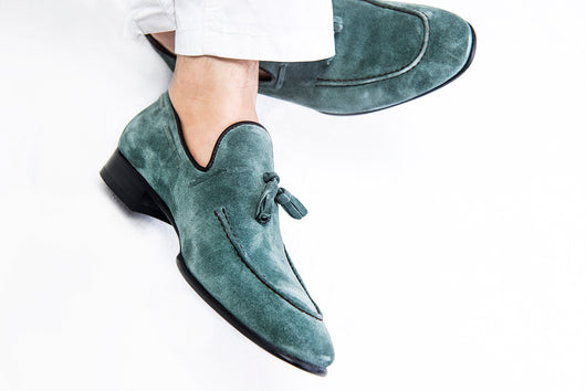 Light green suede leather tassel loafers