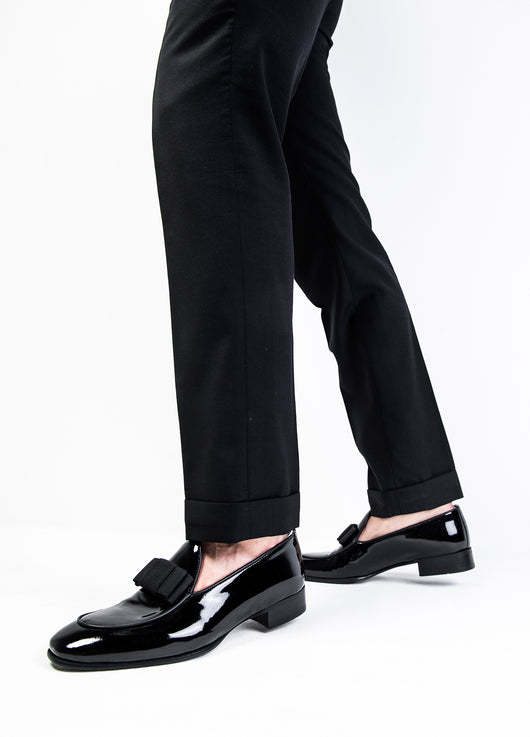 Patent leather tuxedo slip on dress shoes