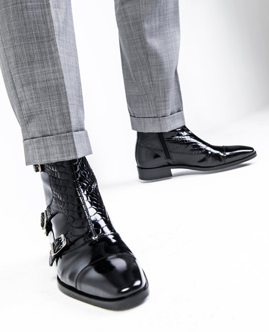 Patent leather smart boots with buckles