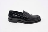 Black patent leather penny loafers