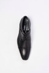 Black leather cap toe derby shoes