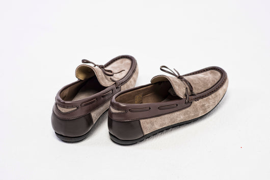 Light brown suede driving moccasins with leather bow