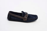 Navy blue suede driving moccasins with anchors