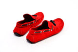 Red suede driving moccasins with tassels