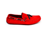 Red suede driving moccasins with tassels