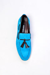 Turquoise suede tassel loafers
