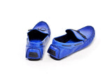 Blue leather driving moccasins with black leather bow