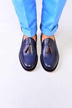 Navy blue leather tassel loafers